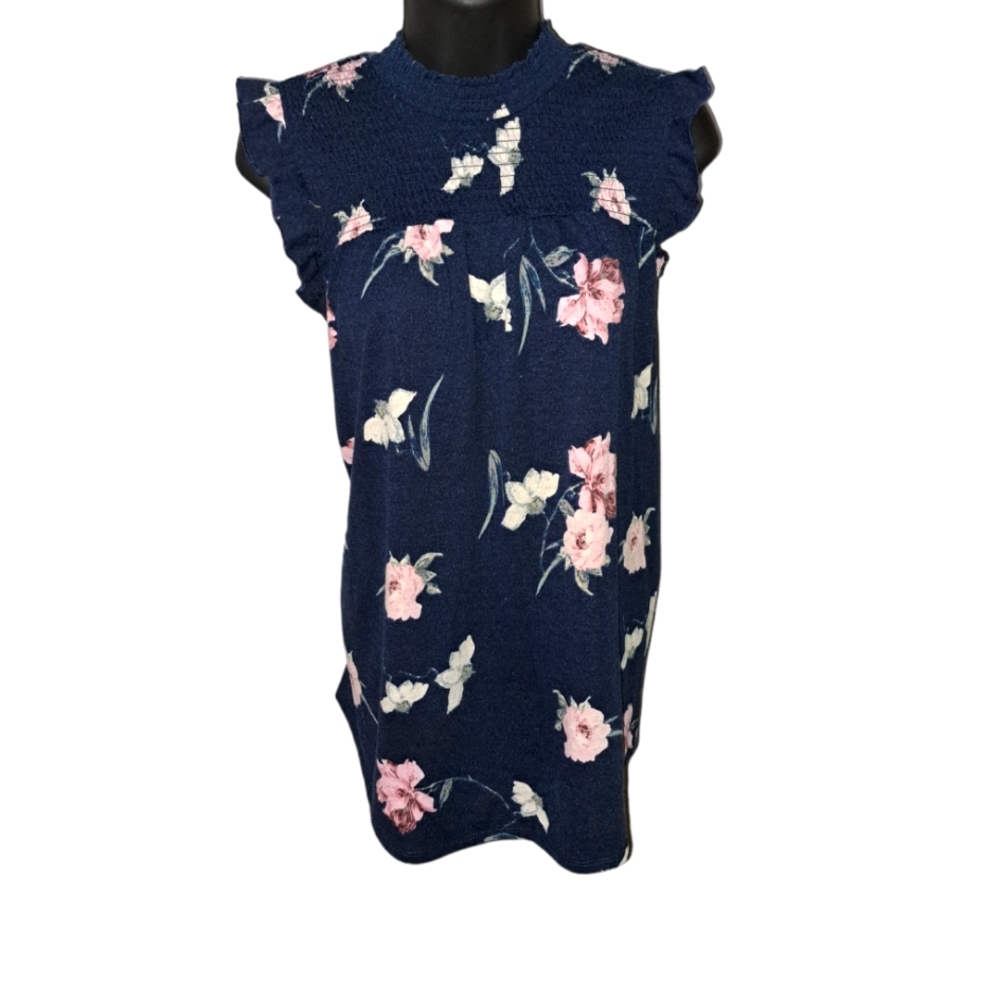 Adorable Navy blue Floral print blouse with ruffled sleeveless arms.